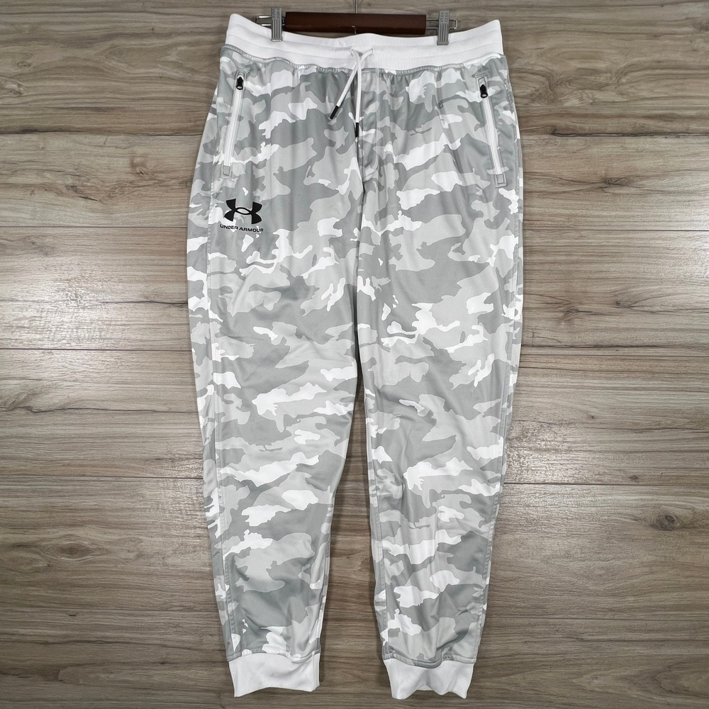 Under Armour Mens XL Camo Joggers White Grey Tapered Sweatpants Zipper Pockets